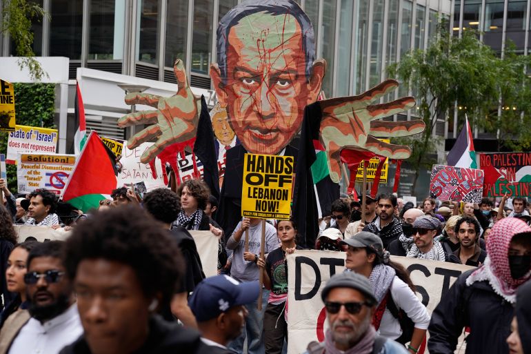 Demonstrators gather to protest following Israeli Prime Minister Benjamin Netanyahu's address at the 81st session of the United Nations General Assembly, Thursday, Sept. 24, 2026, in New York. (AP Photo/Madison Swart)