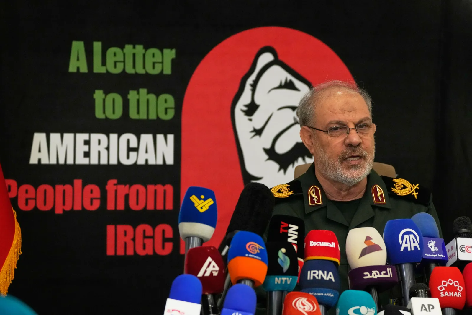 IRGC spokesperson Brigadier General Hossein Mohebbi speaks during a news conference in Tehran, Iran, on Tuesday.
