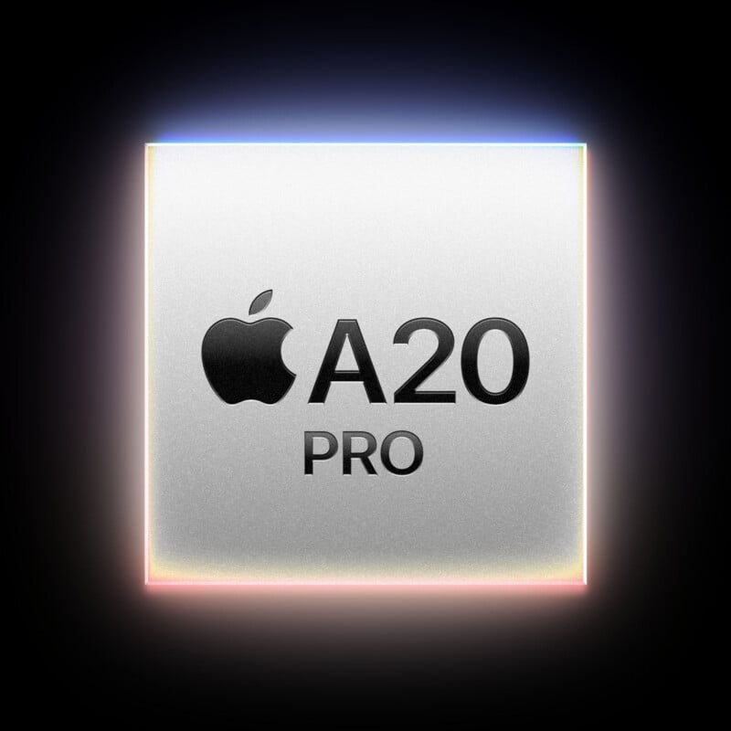 A square, metallic-textured chip icon featuring the Apple logo, the text "A20" and "PRO," glowing with a soft, colorful light.