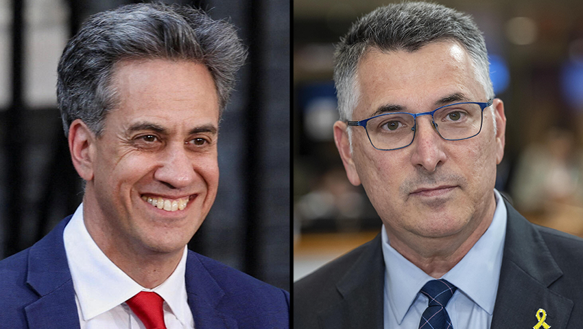 British Foreign Secretary Ed Miliband and Foreign Minister Gideon Sa'ar (Photos: Temilade Adelaja/Reuters, Geert Vanden Wijngaert/AP) גדעון סער אד מיליבנד