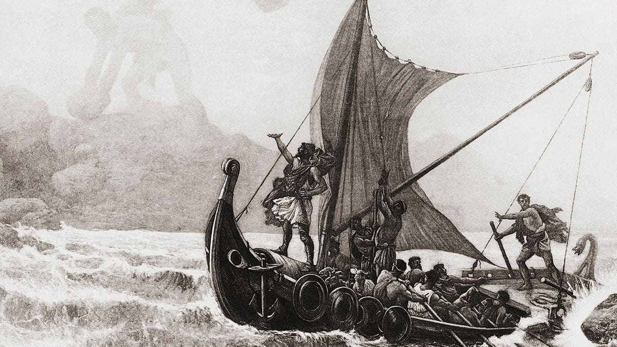 Cyclops Polyphemus, son of Poseidon, hurls boulders at Odysseus's ship