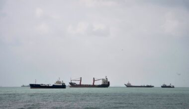 Commercial vessels lie anchored in the Strait of Hormuz off Bandar Abbas, Iran, on Sept. 4, 2026.