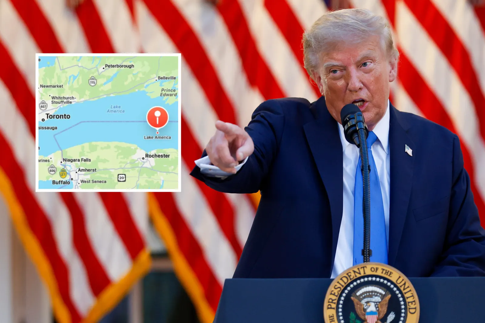 Main image: U.S. President Donald Trump speaks as he hosts a dinner in the Rose Garden at the White House on September 02, 2026 in Washington, DC. Inset: Apple Maps view of the latest name change.