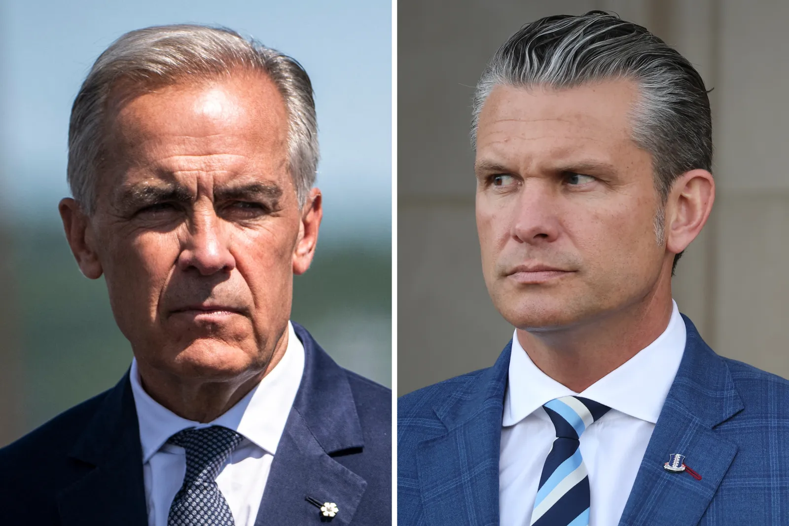 Mark Carney (L) at the Davie Shipyard in Levis, Quebec, Canada on August 24, 2026. Pete Hegseth (R) at the Pentagon September 2, 2026 in Arlington, Virginia.