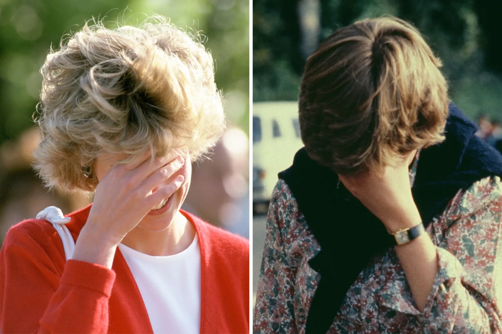Princess Diana hides her face during two separate appearances, including during a polo match in Windsor, on May 29, 1985, on the left. On the right, she hides from the cameras in London, on September 18, 1980.