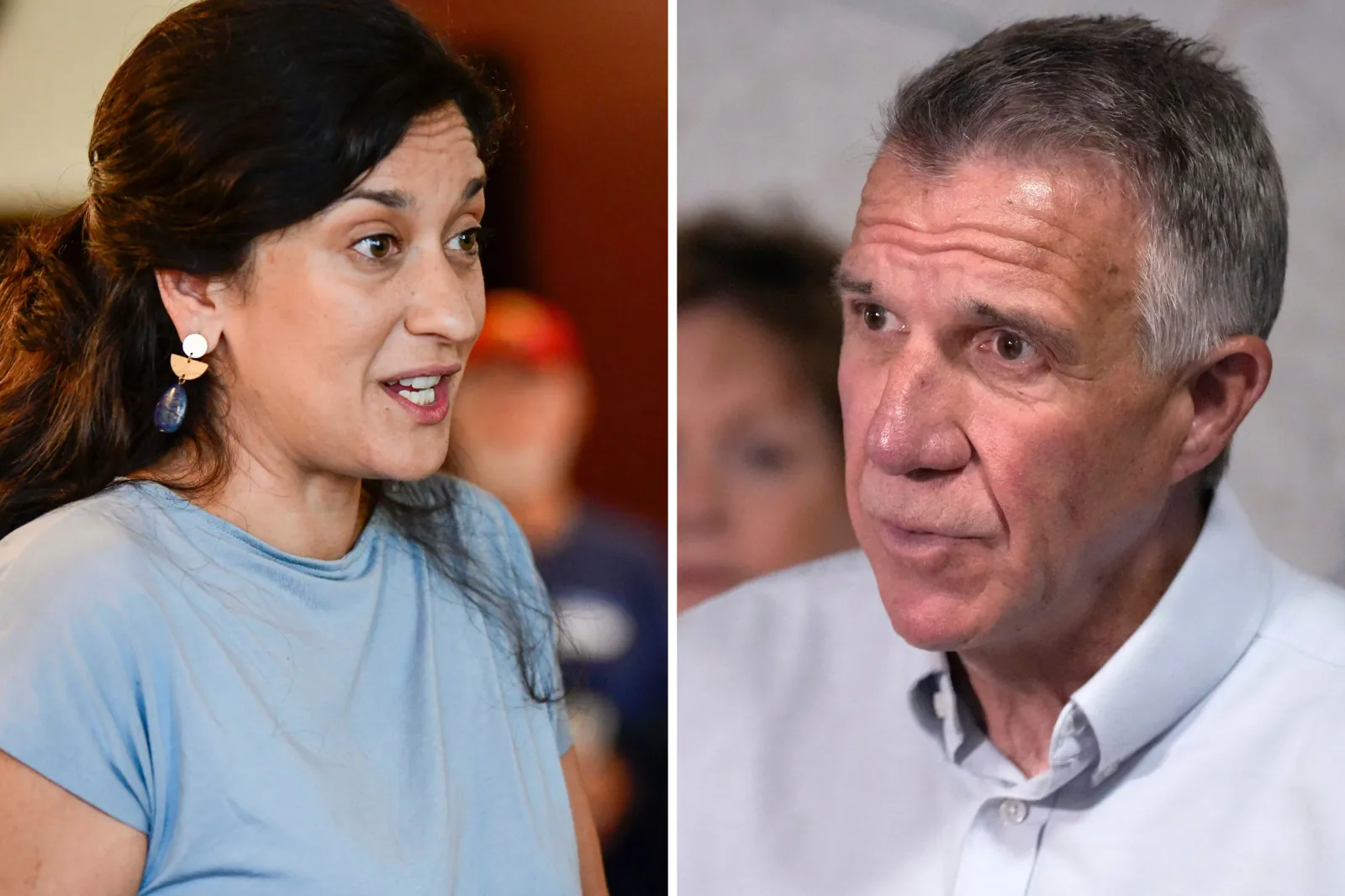 Democrat Amanda Janoo, left, and Vermont Governor Phil Scott in file photos. A new poll shows the Democratic challenger leading the Republican incumbent 49 percent to 43 percent. (Photos: Associated Press)