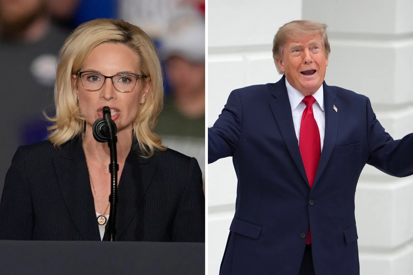 Republican Representative Ashley Hinson speaks at a rally on January 27 in Clive, Iowa, and President Donald Trump speaks at the White House on September 21 in Washington, D.C.