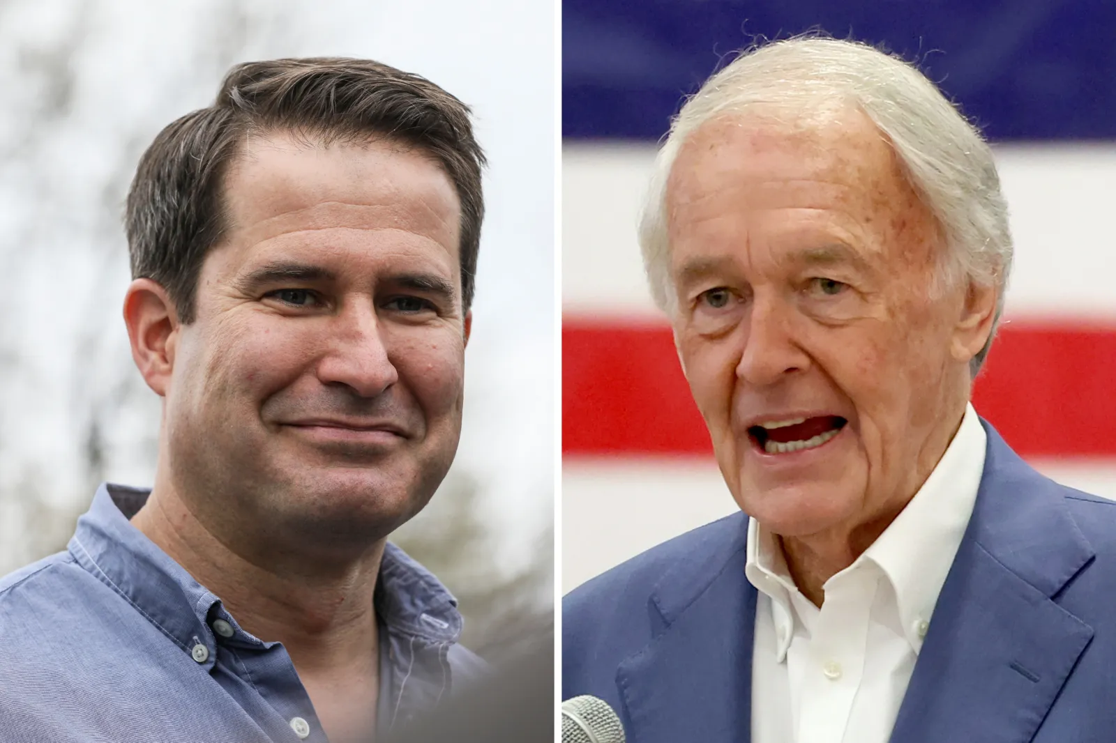 Representative Seth Moulton, left, speaks in Manchester, New Hampshire, on April 23, 2019. Senator Ed Markey, right, speaks in Boston on August 29, 2026.