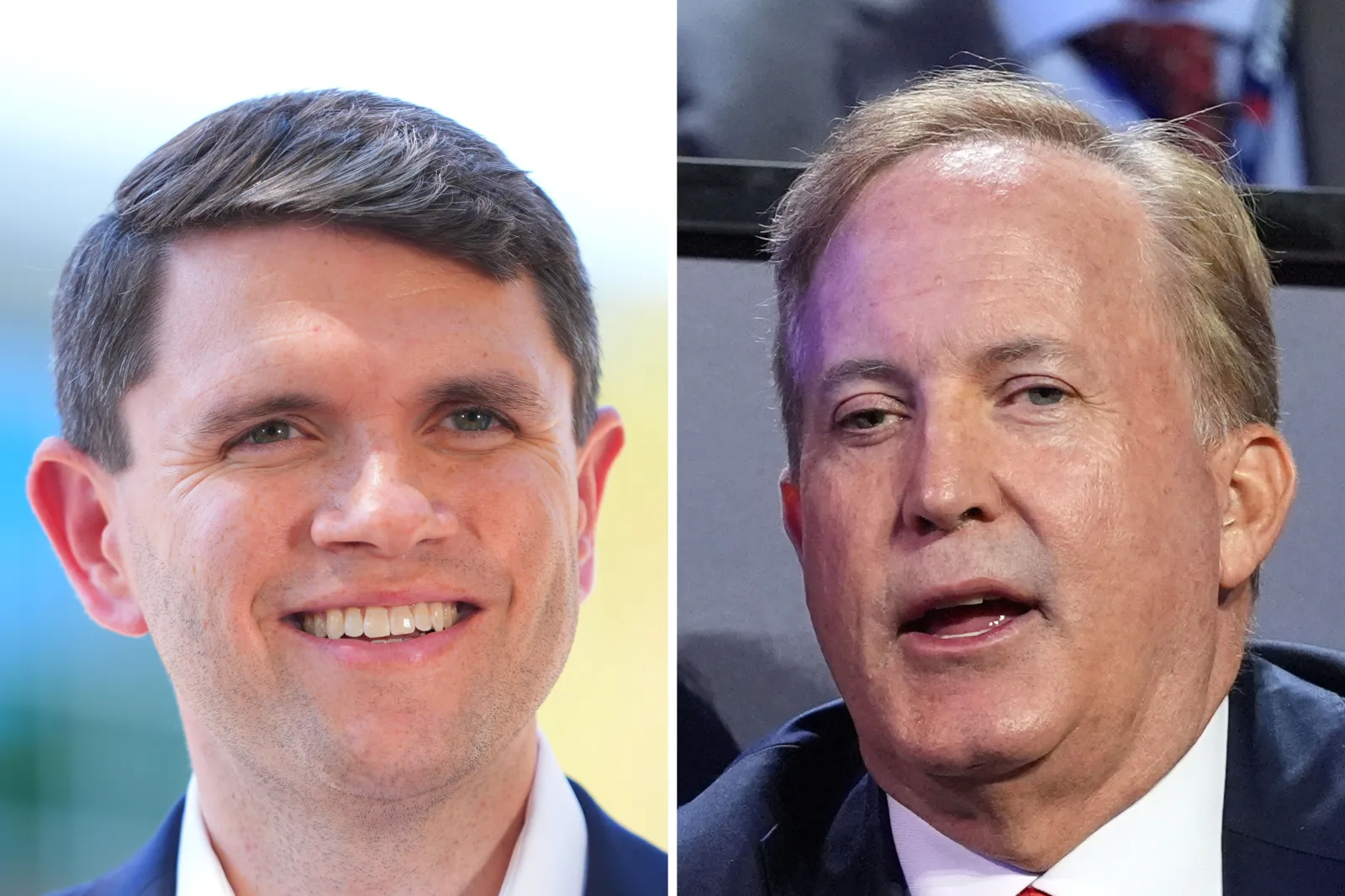 Democrat James Talarico speaking in Arlington, Texas, in August. Republican Ken Paxton is seen at the RNC midterm convention in Dallas last week.