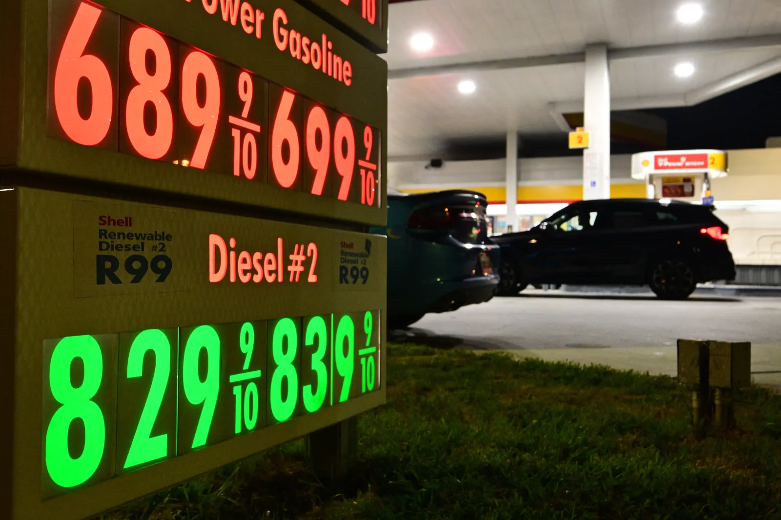 Gasoline and diesel prices are displayed at a gas station in Los Angeles, on September 22, 2026.