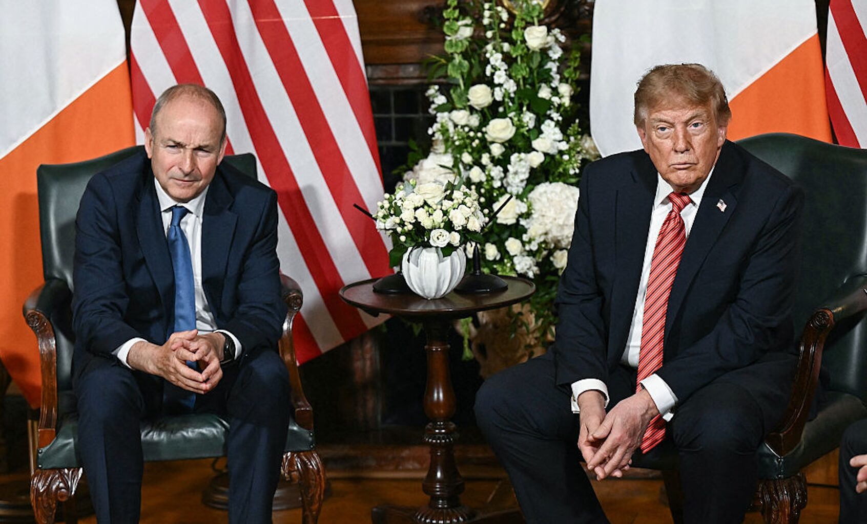 President Donald Trump and Irish Taoiseach Micheál Martin listen to a question from the media at Farmleigh House in Dublin on Sept. 12, 2026. (Micheál Martin)