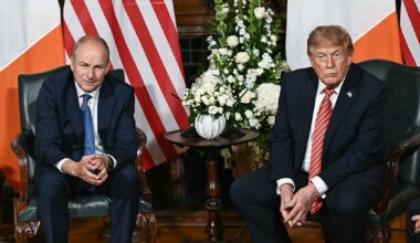 President Donald Trump and Irish Taoiseach Micheál Martin listen to a question from the media at Farmleigh House in Dublin on Sept. 12, 2026. (Micheál Martin)