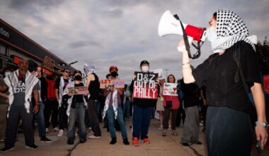 Pro-Palestinian protesters demonstrate near Lincoln Financial Field ahead of Ed Sheeran's concert in Philadelphia, Pennsylvania, on September 19, 2026. Hannah Beier for Rolling Stone.