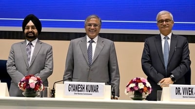 Chief Election Commissioner Gyanesh Kumar along with Election Commissioners Sukhbir Singh Sandhu and Vivek Joshi. (ANI)