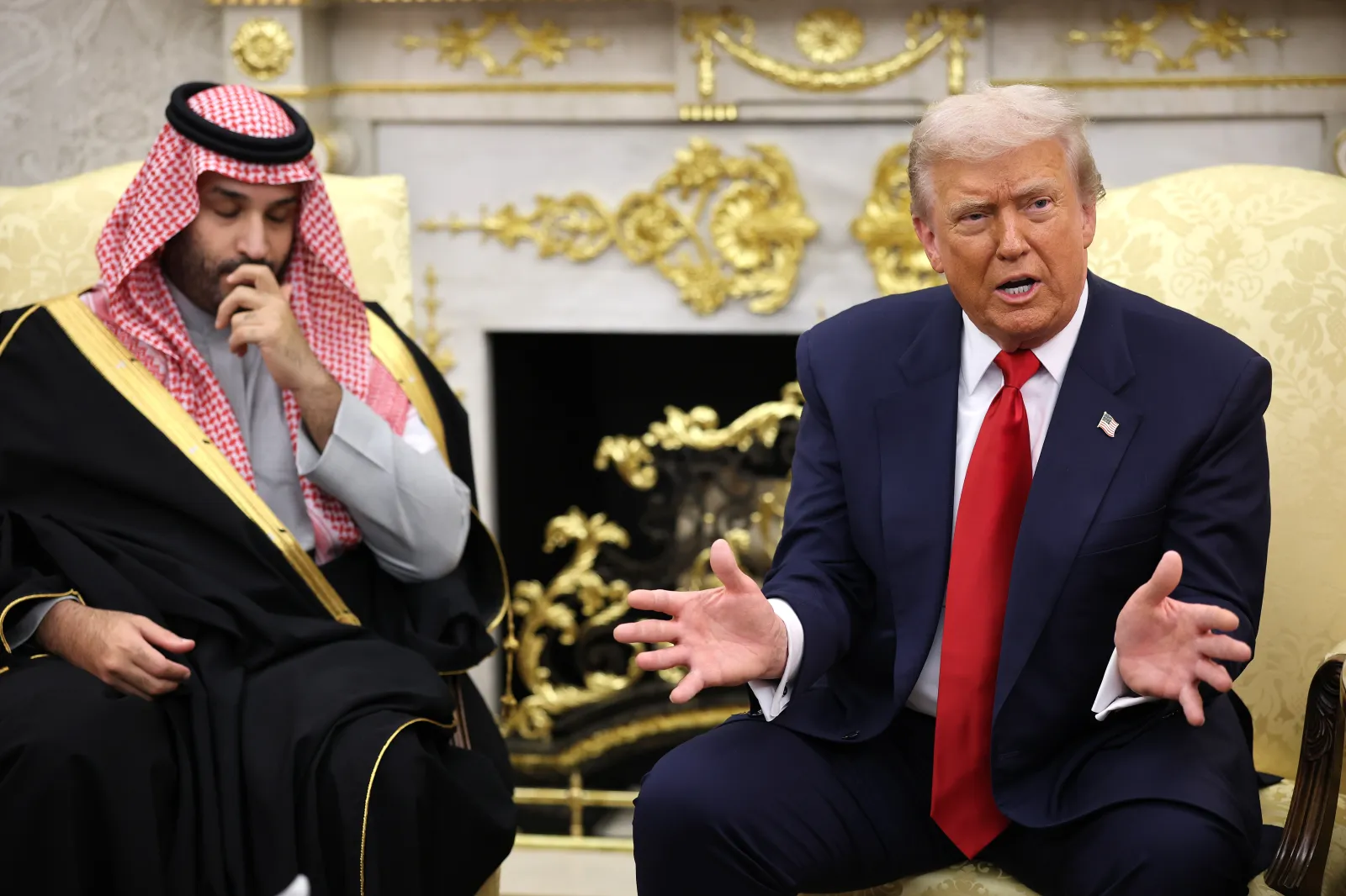 U.S. President Donald Trump (R) speaks during a bilateral meeting with Crown Prince and Prime Minister Mohammed bin Salman of Saudi Arabia in the White House