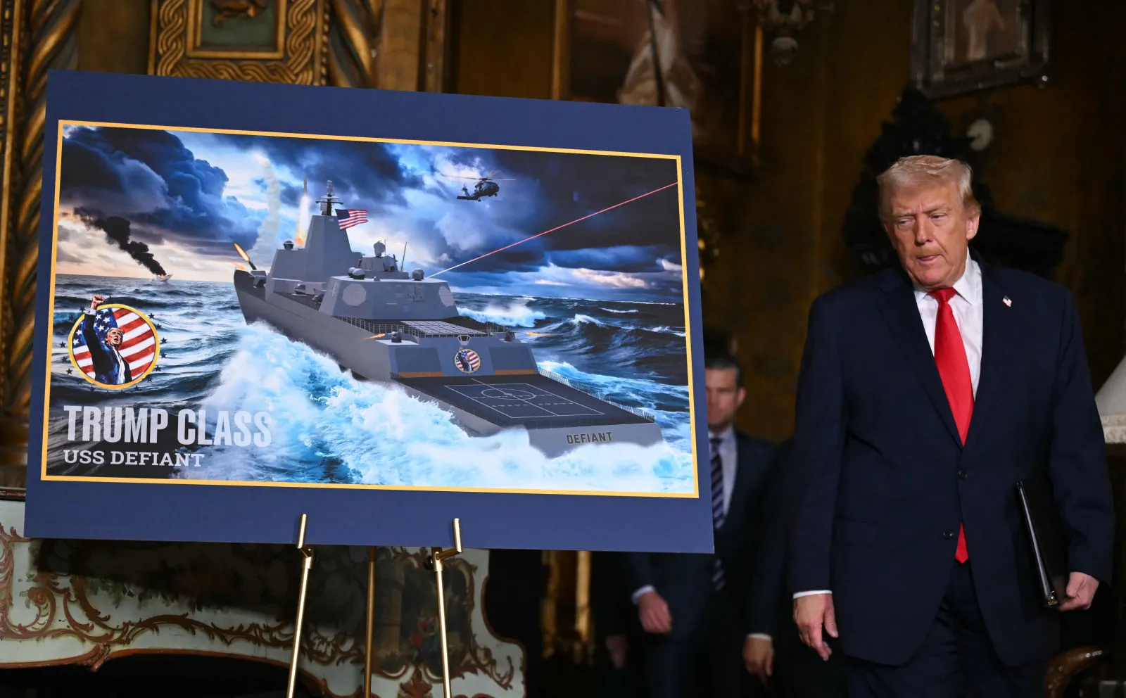 President Donald Trump arrives to announce the US Navy's new Golden Fleet initiative, unveiling a new class of warships that will be named after him, at Mar-a-Lago in Palm Beach, Florida, on December 22, 2025.