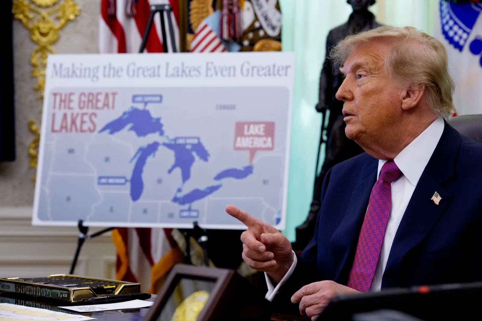 A map labeling Lake Ontario as "Lake America" is displayed after President Donald Trump signed an executive order in the Oval Office of the White House on August 27, 2026 in Washington, DC. (Photo by Andrew Harnik/Getty Images)