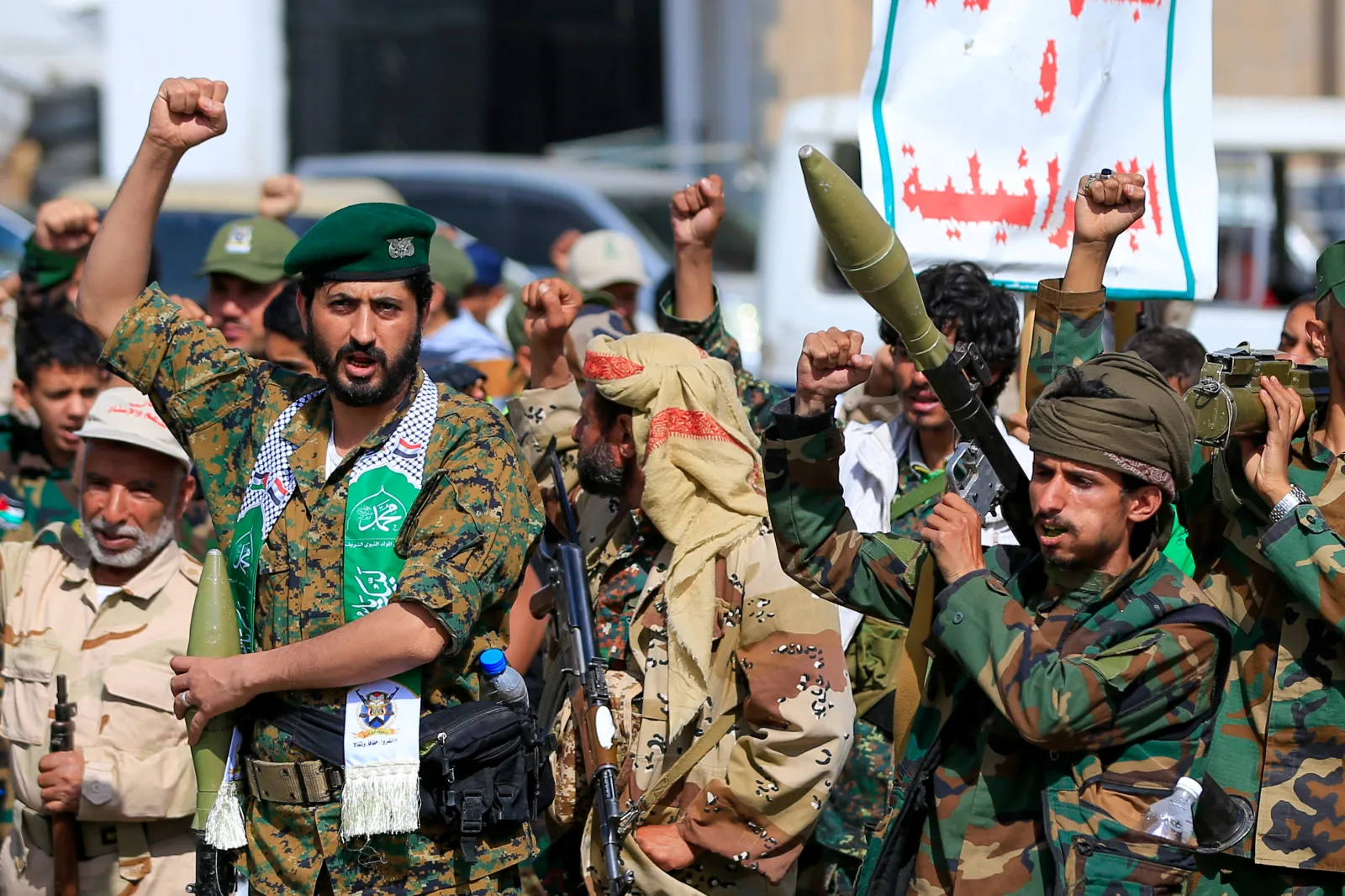 Fighters loyal to Ansar Allah shout slogans during a rally to recruit more fighters, in Sanaa, Yemen, on September 10, 2026.