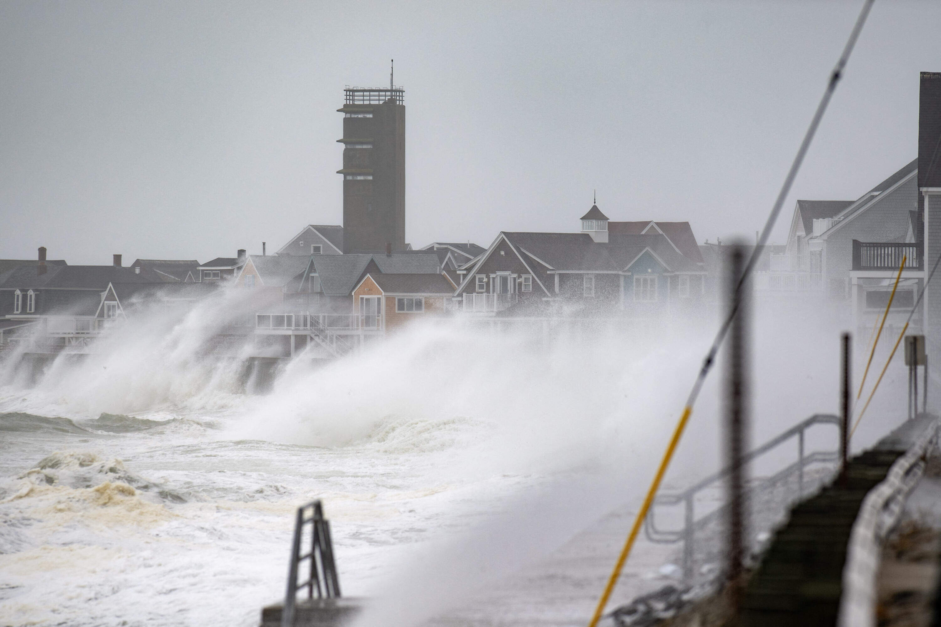 Waves pound the coast as the tide comes in during a nor'easter storm in Marshfield on Sept. 26, 2026. (Joseph Prezioso/AFP via Getty Images)