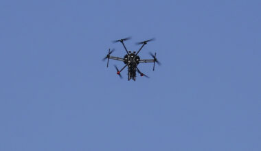 A picture taken on June 5, 2018, shows an Israeli quadcopter drone flying over Palestinian demonstrations near the border with Israel east of Khan Yunis in the southern Gaza.