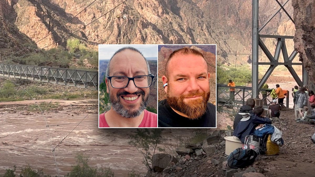 Flooding at Grand Canyon National Park and split image of victims John Giusti and Brent Rosenkranz