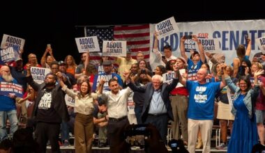 Michigan state Rep. Donavan McKinney (left) and Michigan Democratic Senate candidate Abdul El-Sayed (center) are joined by Rep. Alexandria Ocasio-Cortez, Sen. Bernie Sanders, UAW President Shawn Fain, and Rep. Rashida Tlaib at a rally in Detroit on July 20, 2026. (Photo: x.com/DonavanMI13)