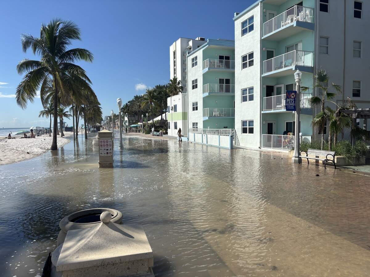 King tides two feet higher than normal high tides swept across the Hollywood Broadwalk on Sunday Sept. 27, 2026.