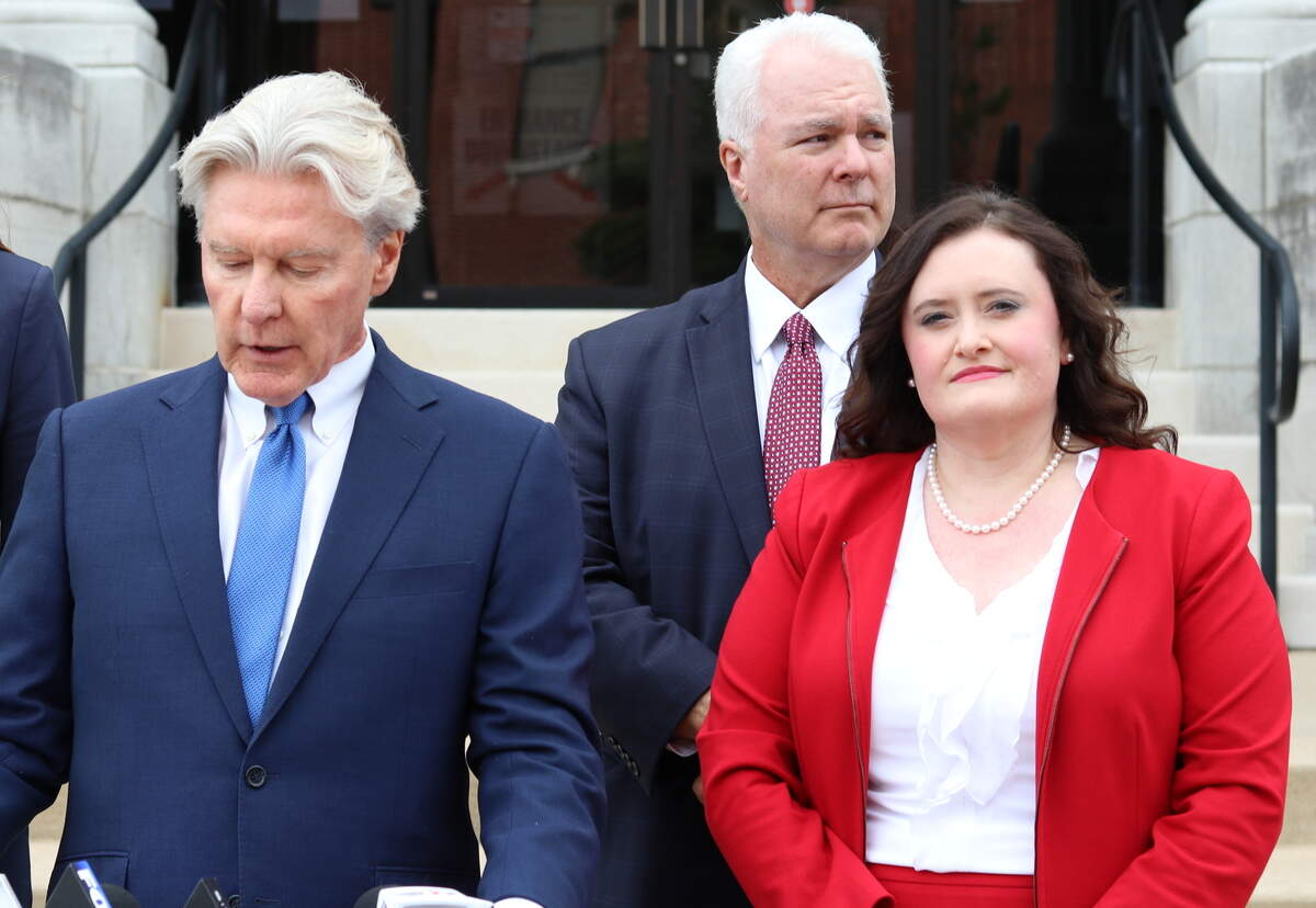 Attorneys for Nicholas La Strada detailed allegations of illegal and unethical conduct of the Missouri Secretary of State’s Office at a press conference on Monday. He’s being represented by Dennis Egan, left, Kevin Baldwin, center and Erin Vernon, right.