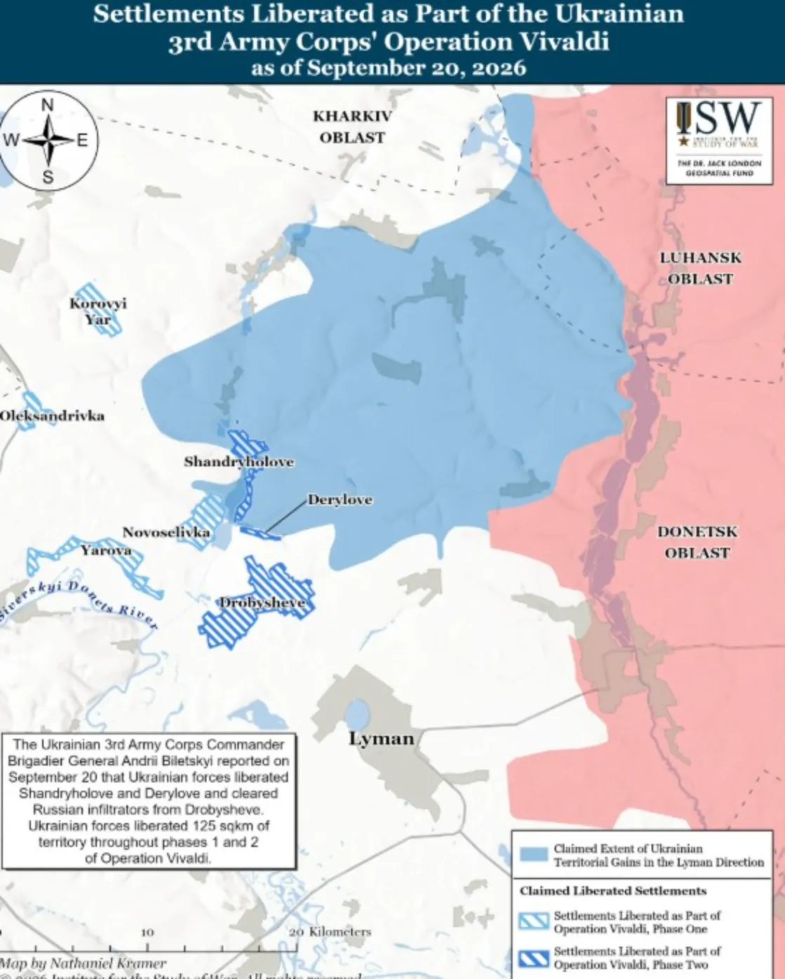 This map by the Institute for the Study of War (ISW) from September 20, 2026 shows the state of play in Ukraine’s Operation Vivaldi in the Donetsk oblast of Ukraine.