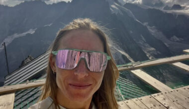Selfie of Canadian trailrunner Kalie McCrystal with the shillouette of Matterhorn behind.
