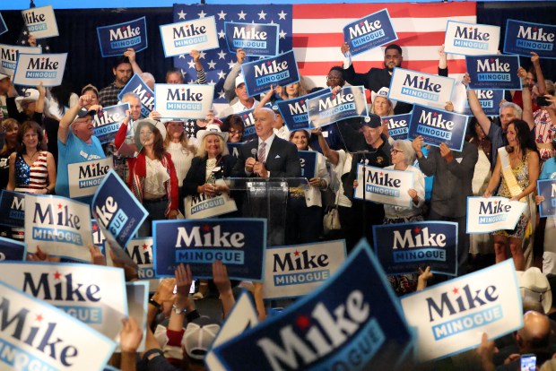Republican candidate for gov Mike Minogue speaks at his election night watch party. Stuart Cahill/Boston Herald