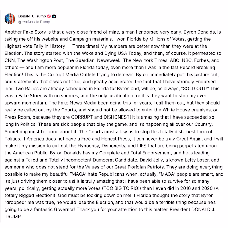 Donald Trump's furious protest post on Truth Social.
