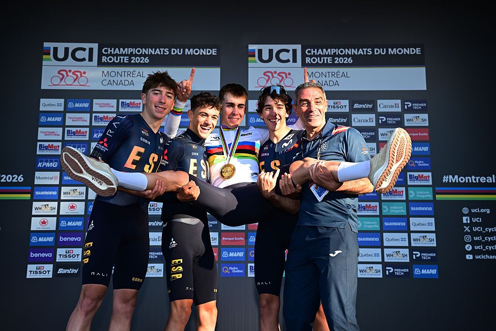 Gold medalist Benjamin Noval and Spanish Junior's Coach, Eleuterio "Lute" Anguita (Right) after 2026 UCI Road World Championships Montreal 2026, Men Junior Road Race in Montreal, Quebec. (Photo by Tim de Waele/Getty Images)