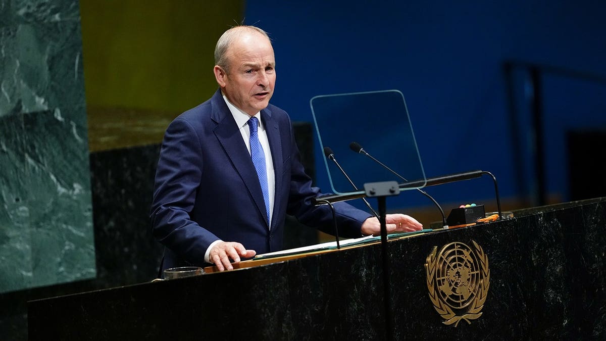 Irish Prime Minister Micheál Martin speaks from the podium at the United Nations General Assembly in New York.