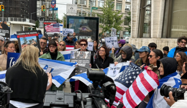 Israeli Americans protest outside 'NAZA' New York premiere.