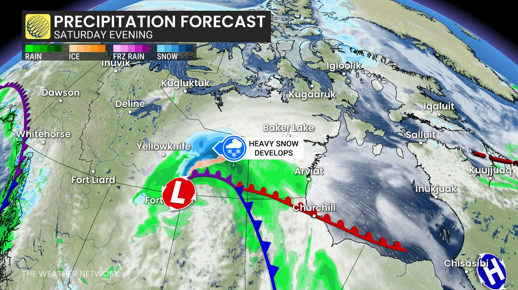 Northern Canada precipitation Saturday evening