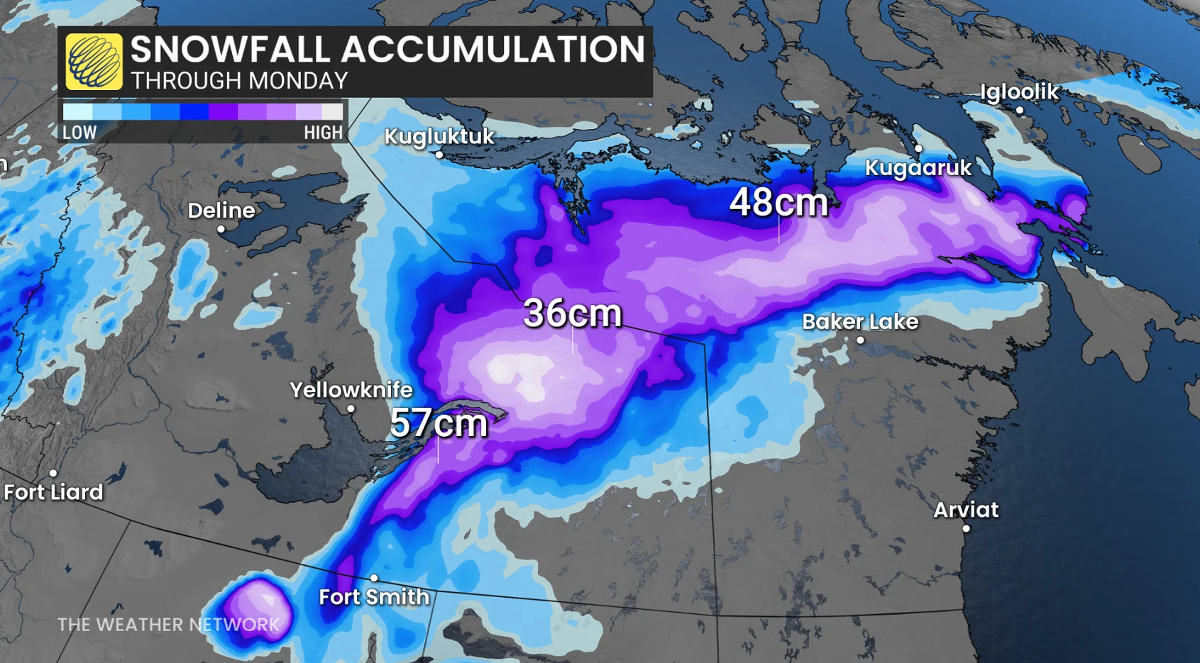 Northern Canada snowfall through Monday