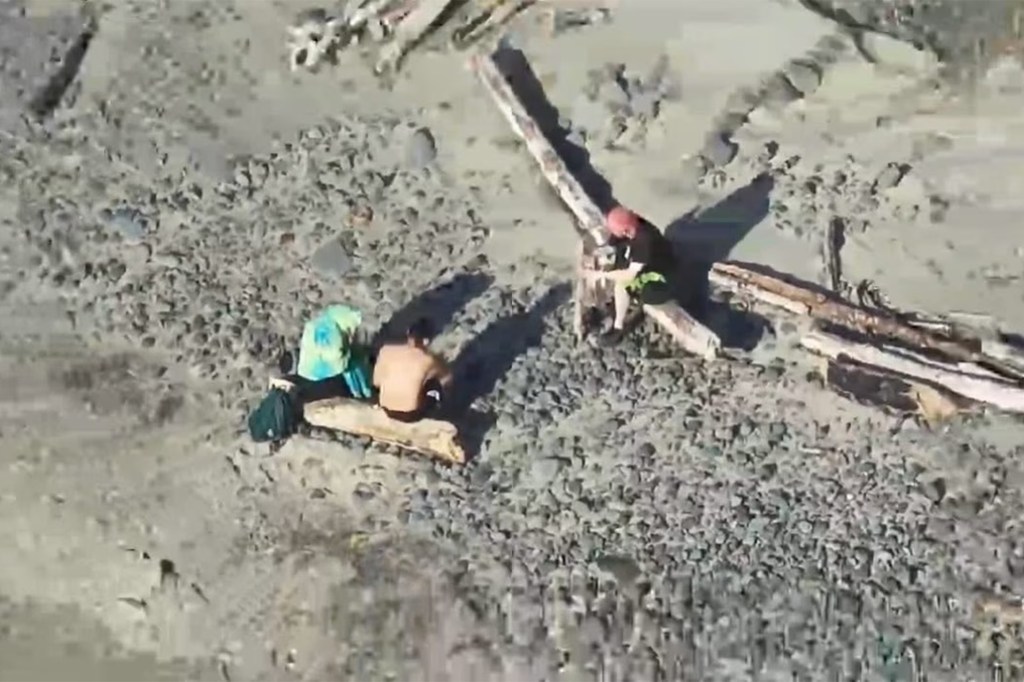 People on an Oregon beach sit next to driftwood logs.