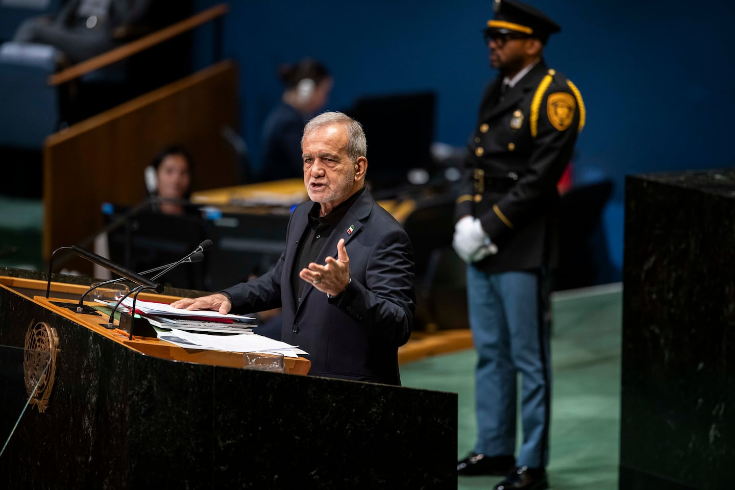 President Masoud Pezeshkian of Iran addresses the 81st session of the United Nations General Assembly at the UN headquarters, on Sept. 23, 2026. Iran’s president delivered a defiant speech at the United Nations General Assembly on Wednesday, vowing his country would defend itself until “its last breath” and would not give up its civilian nuclear program. At the same time, he left the door open for negotiations with the United States.