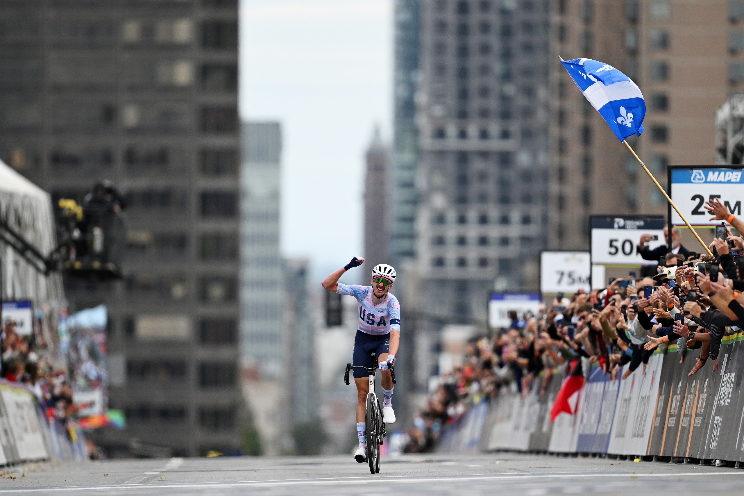 MONTREAL, QUEBEC - SEPTEMBER 27: Brandon McNulty and Team United States celebrates at finish line as gold medal winner during the 99th UCI Road World Championships Montreal 2026 - Men Elite Road Race a 273.4km one day race from Brossard to Montreal on September 27, 2026 in Montreal, Quebec. (Photo by Dario Belingheri/Getty Images)
