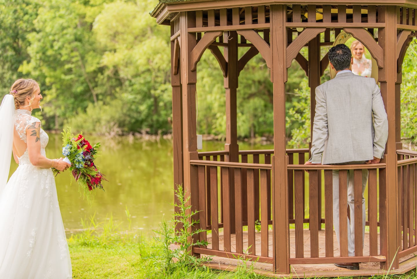 The couple took their photos in the backyard of Aref’s “American parents" in Buffalo. They had wanted to have their ceremony there, but, to ease the flow of the day, opted for just first looks photos there instead. 