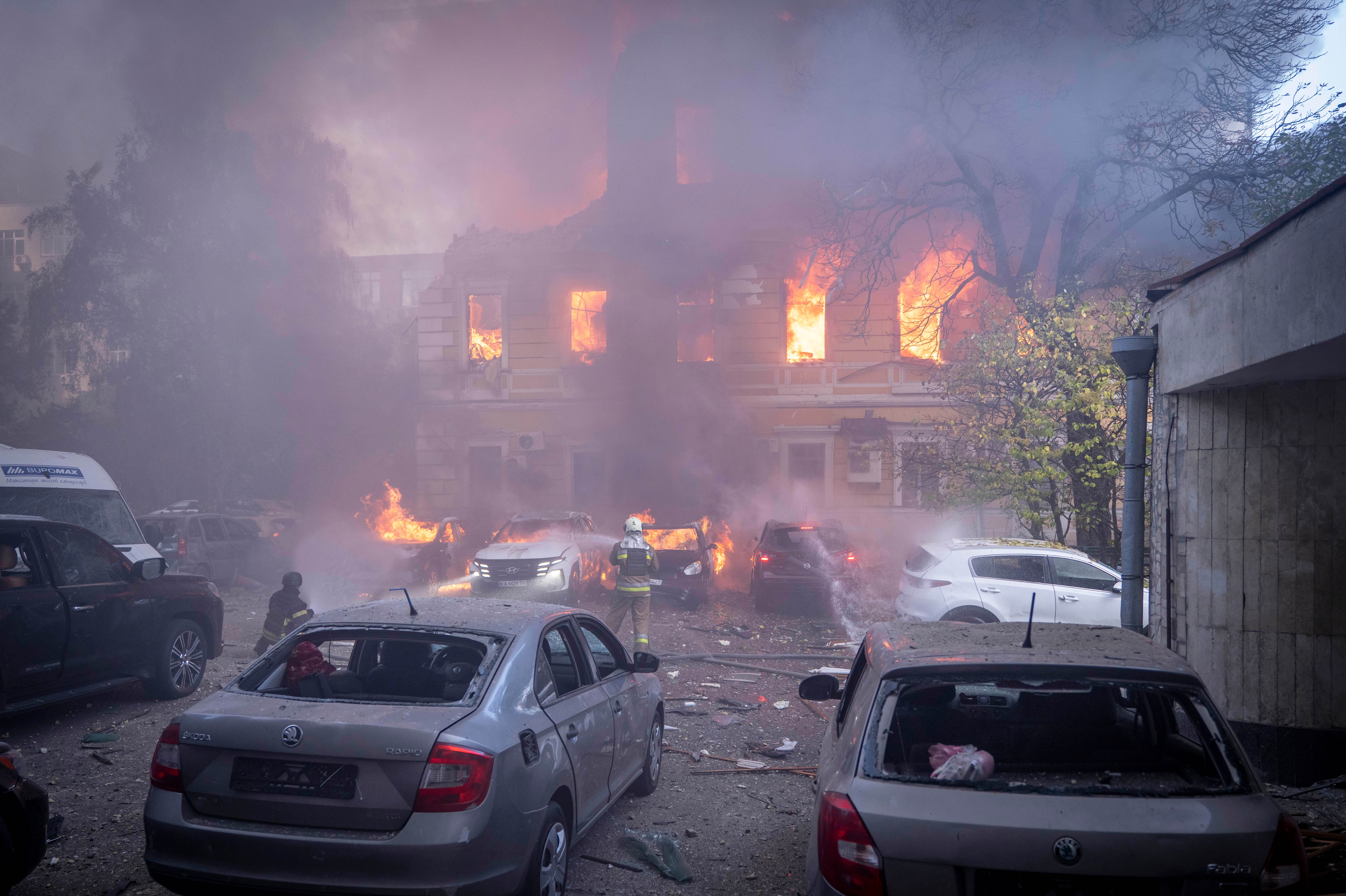 The National Academy of Sciences building burns after a Russian drone strike in the center of Kyiv, Ukraine, Monday