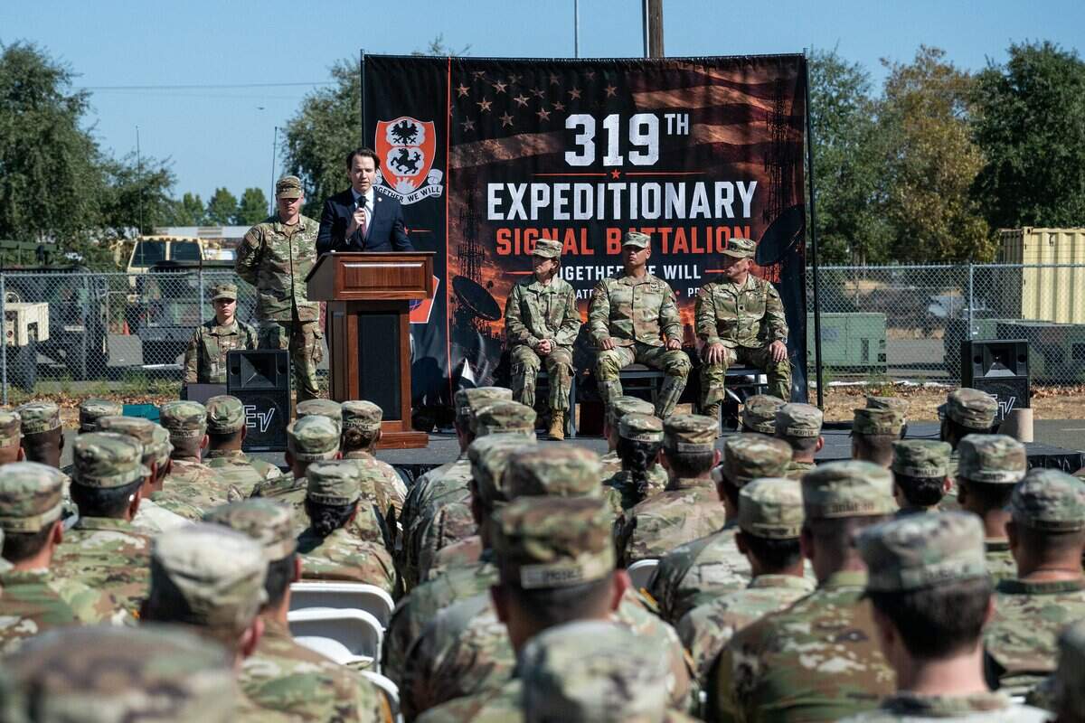 U.S. Rep. Kevin Kiley speaks during a soldiers’ homecoming and medal ceremony at B.T. Collins U.S. Army Reserve Center in Sacramento on Saturday.