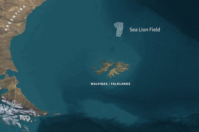 CORRECTION / This photograph created on September 9, 2026, combining sources from Nasa, Gebco, OSM and the Falkland Islands government shows a map of the Sea Lion oil field off the Falkland Islands (Islas Malvinas) in the South Atlantic Ocean. The Argentine government announced on September 8, 2026 that it was sueing companies with links to an Israeli-British oil project near the Falkland Islands, as Buenos Aires escalates its claim over the territory. Britain and Argentina fought a 10-week war in 1982 over the South Atlantic islands, a British overseas territory that Argentines call Las Malvinas. Britain and Argentina fought a brief but bitter 10-week war in 1982 over the South Atlantic islands, a British overseas territory that Argentines call Las Malvinas and claims as an integral part of their land. (Photo by Omar KAMAL and Guillermo RIVAS PACHECO / various sources / AFP via Getty Images) / 
