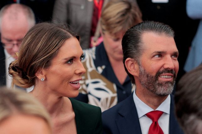 FILE PHOTO: Donald Trump Jr. and his partner Bettina Anderson sit on the day U.S. President Donald Trump delivers remarks to U.S. embassy personnel and business leaders at Deerfield Residence, the residence of the U.S. Ambassador to Ireland, in Dublin, Ireland, September 12, 2026. REUTERS/Kylie Cooper/File Photo