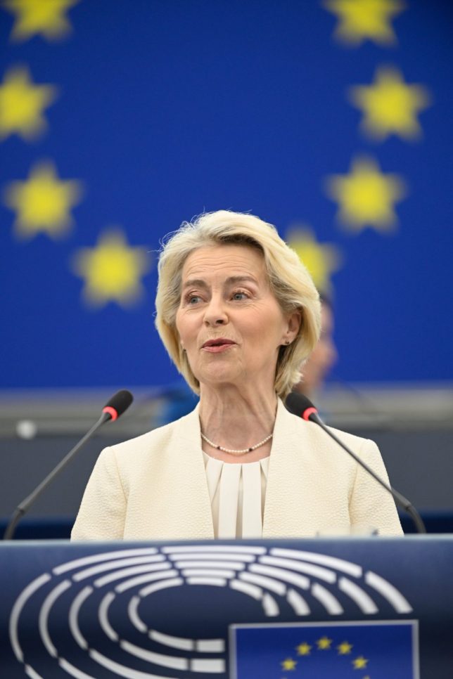 European Commission President Ursula von der Leyen delivers a speech at the annual State of the European Union at the European Parliament in Strasbourg, eastern France, Wednesday, Sept 16, 2026. (AP Photo/Pascal Bastien)