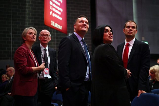 LIVERPOOL, ENGLAND - SEPTEMBER 29: (L-R) Secretary of State for Health and Social Care, Yvette Cooper, Secretary of State for Work and Pensions, Pat McFadden, Secretary of State for Defence, Wes Streeting, Secretary of State for the Home Department, Shabana Mahmood and Minister for Intergovernmental Relations and European Relations, Hamish Falconer arrive ahead of Prime Minister Andy Burnham's keynote speech on day three of the Labour Party Conference at Liverpool Experience Campus on September 29, 2026 in Liverpool, England. Labour enters its annual party conference with a polling boost holding a four-point lead with 27% of the vote under new Prime Minister Andy Burnham. He took over the leadership in July this year and has since driven a turnaround in the party's fortunes. (Photo by Leon Neal/Getty Images)