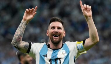Argentina's Lionel Messi celebrates at the end of the World Cup quarterfinal soccer match against the Netherlands in Lusail, Qatar, Dec. 10, 2022.