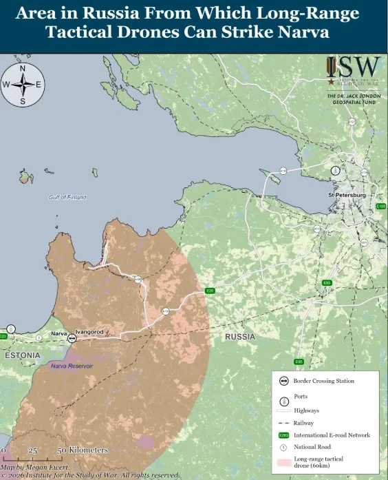 This map from the Institute for the Study of War (ISW) shows a scenario in which Moscow stages a limited incursion into Estonia.