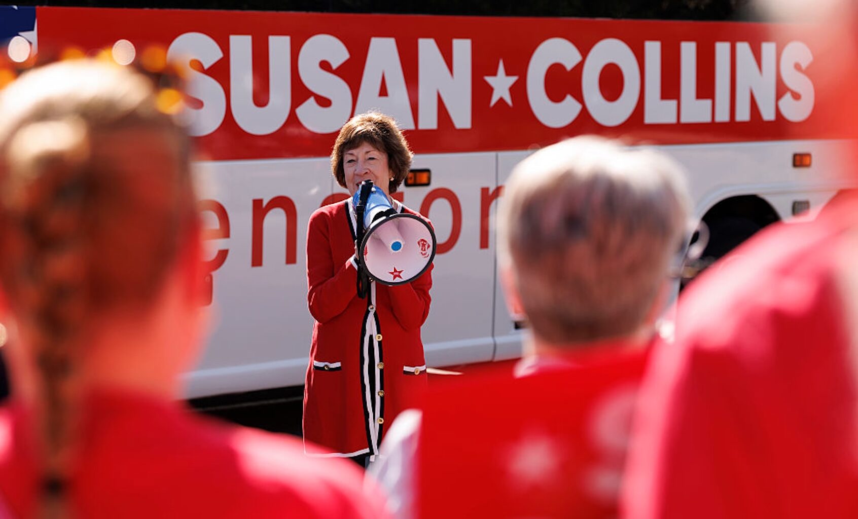 Sen. Susan Collins, R-Maine, greets supporters outside the Kittery Trading Post to kick off her reelection campaign bus tour of Maine on Aug. 14, 2026. (CJ Gunther/Getty Images)
